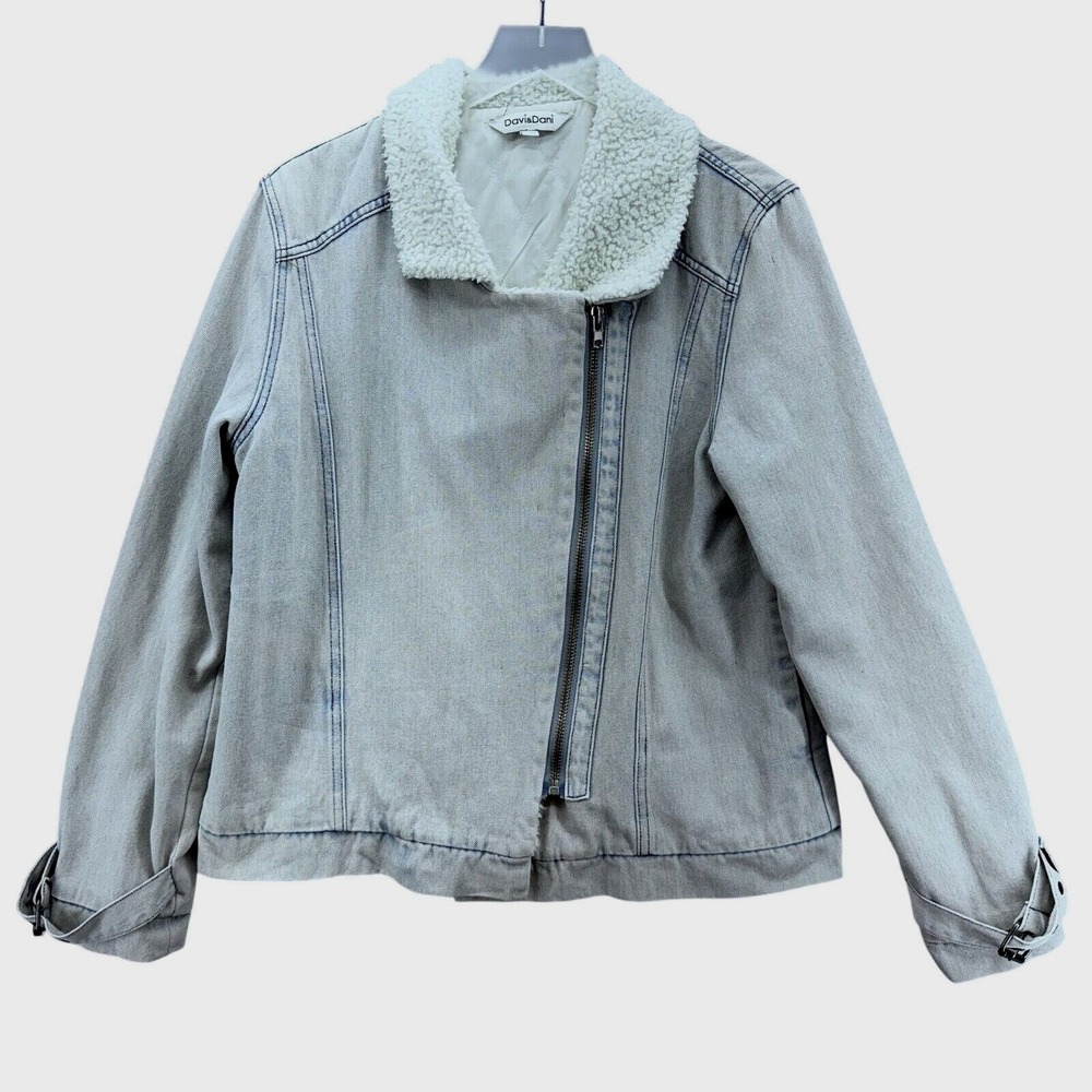 Davi & Dani Womens Denim Jean Ryder Moto Jacket Size M‎ Faux Sherpa Edgy Baddie